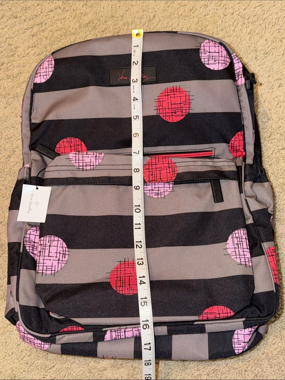 Vera Bradley Black & Gray Striped Backpack with Pink and Red Dot Pattern
